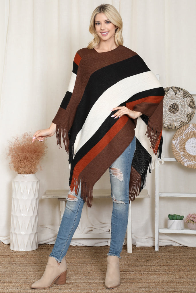 HDF2099 - COLOR BLOCK FRINGE PONCHO