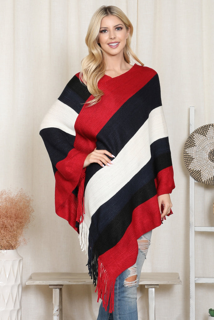 HDF2099 - COLOR BLOCK FRINGE PONCHO