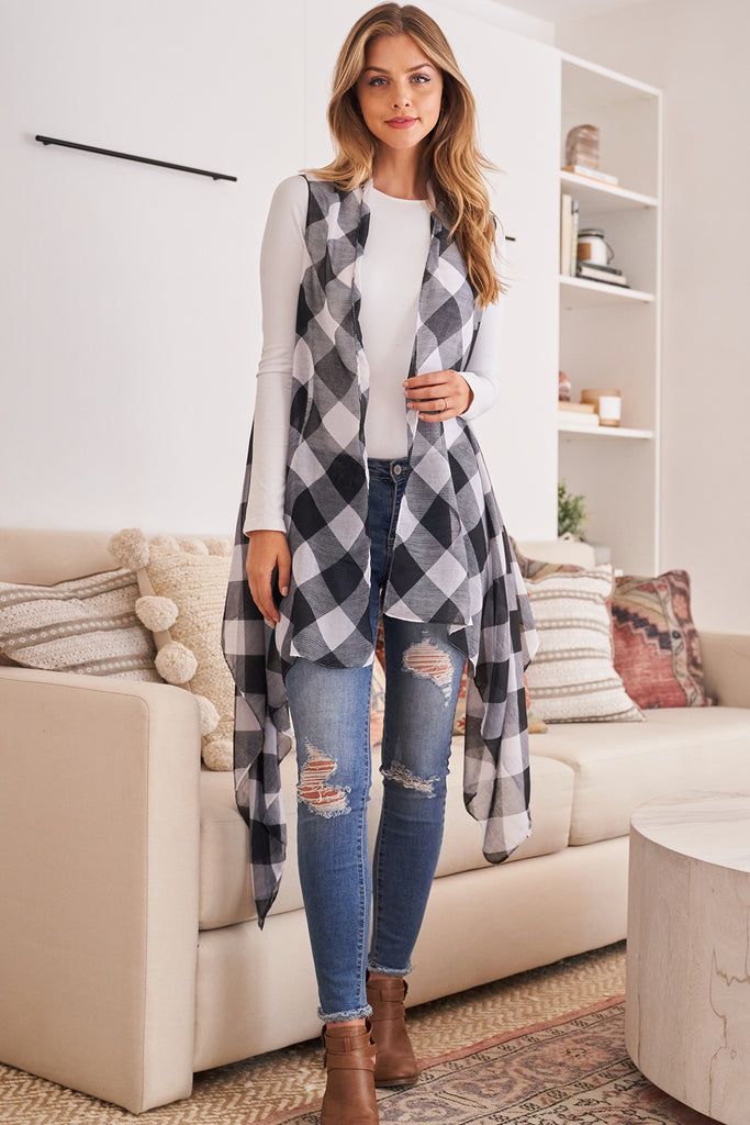 HDF2567 - PLAID KNEE LENGTH KIMONO CARDIGAN