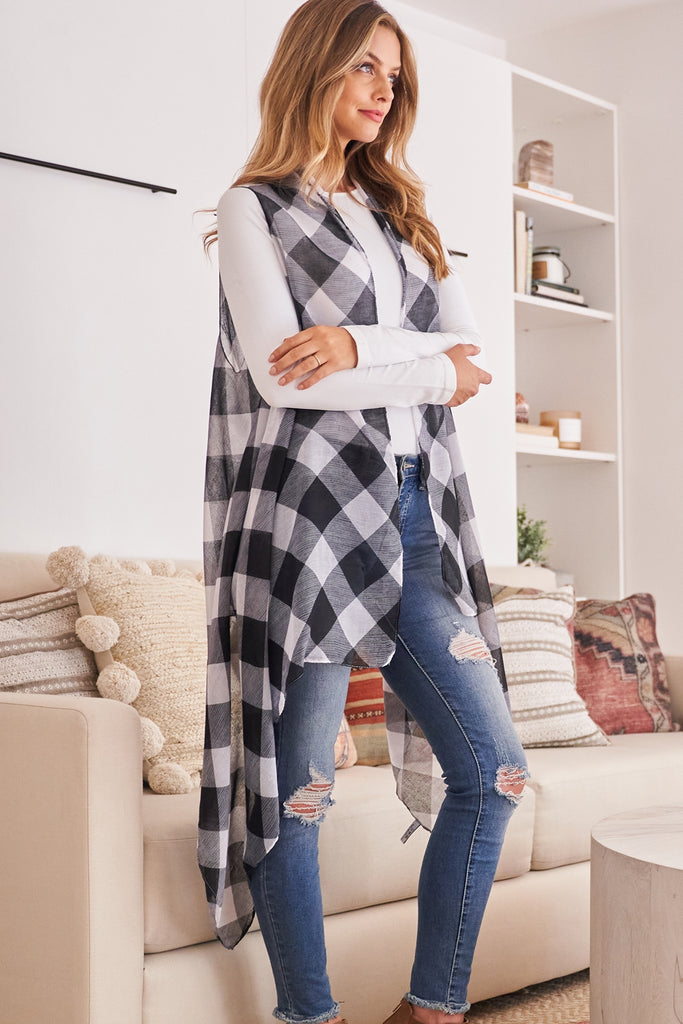 HDF2567 - PLAID KNEE LENGTH KIMONO CARDIGAN