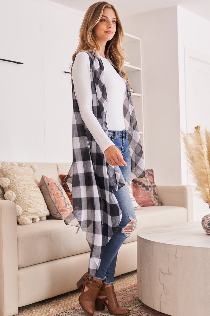 HDF2567 - PLAID KNEE LENGTH KIMONO CARDIGAN