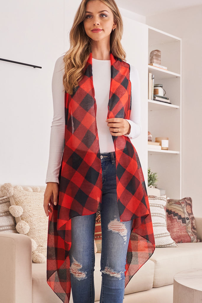 HDF2567 - PLAID KNEE LENGTH KIMONO CARDIGAN