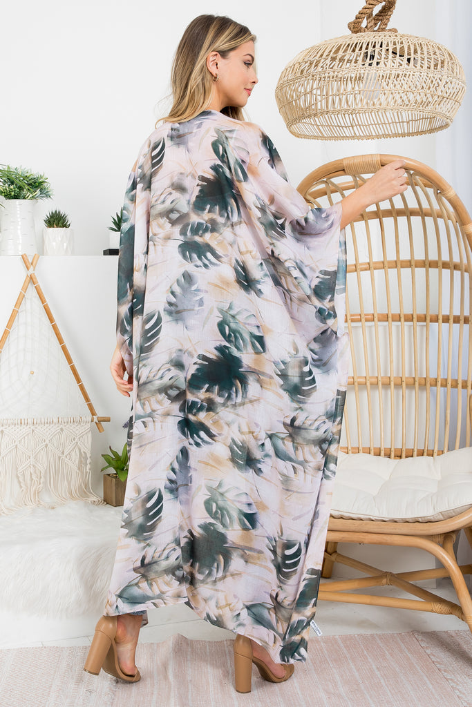 LEAF PRINT BOHEMIIAN OPEN FRONT LONG KIMONO