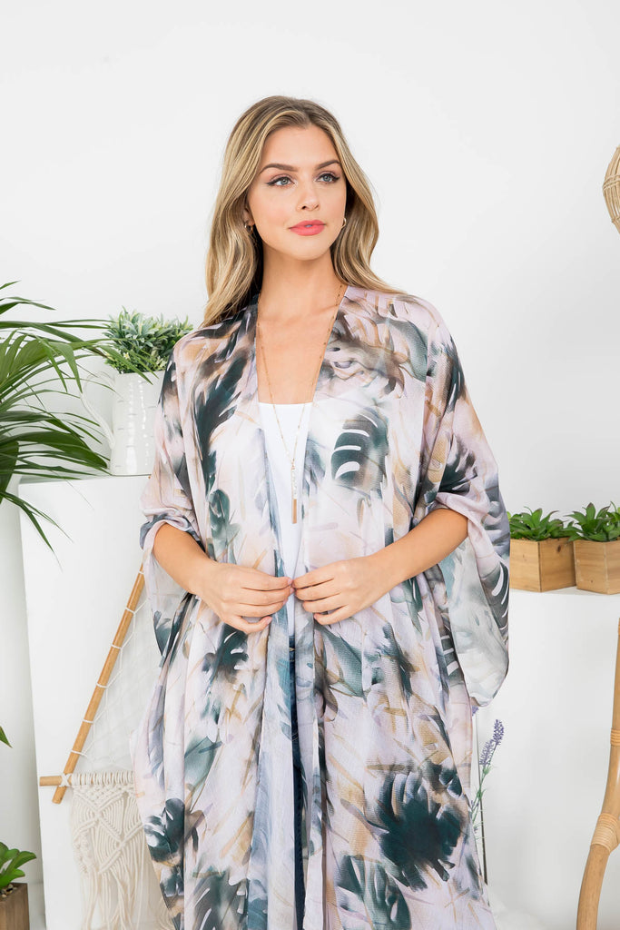 LEAF PRINT BOHEMIIAN OPEN FRONT LONG KIMONO