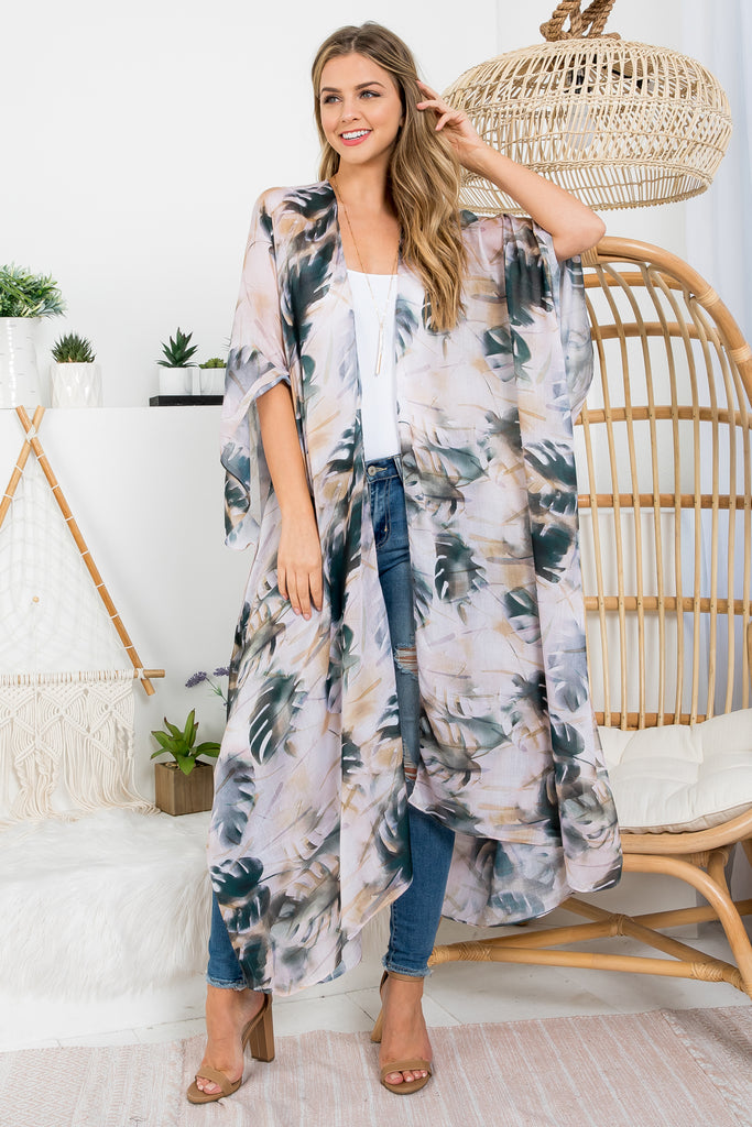 LEAF PRINT BOHEMIIAN OPEN FRONT LONG KIMONO