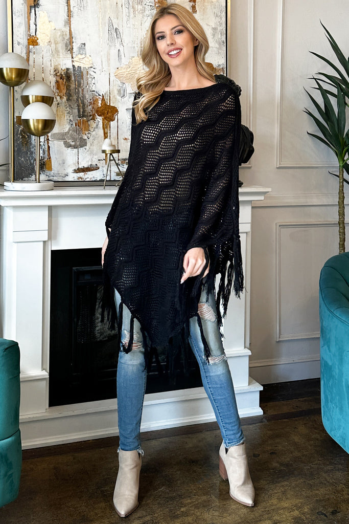 KNITTED NET WAVE PATTERN FRINGE TASSEL PONCHO