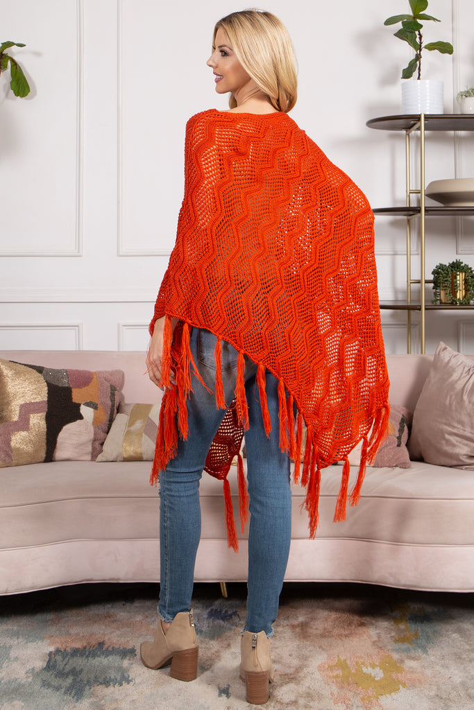 KNITTED NET WAVE PATTERN FRINGE TASSEL PONCHO