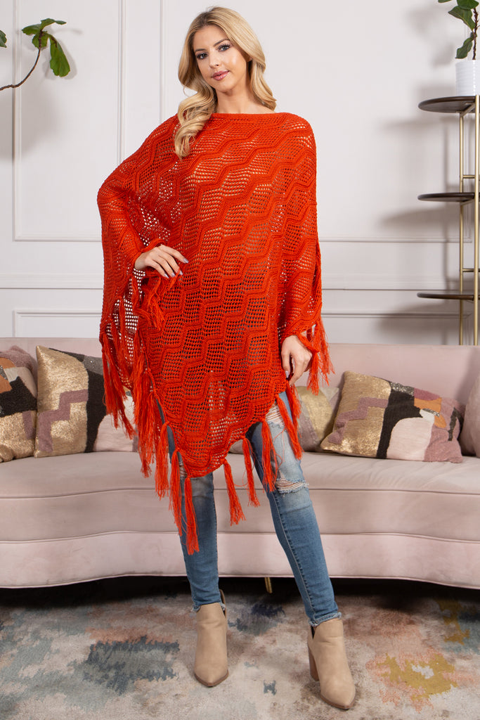 KNITTED NET WAVE PATTERN FRINGE TASSEL PONCHO