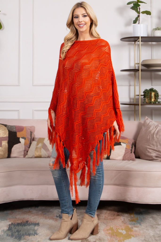 KNITTED NET WAVE PATTERN FRINGE TASSEL PONCHO