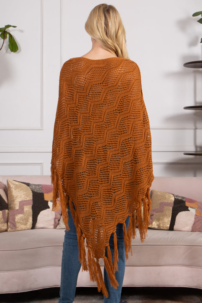 KNITTED NET WAVE PATTERN FRINGE TASSEL PONCHO