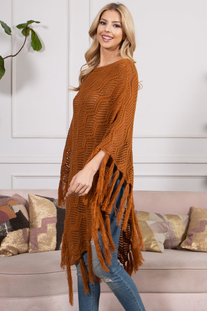 KNITTED NET WAVE PATTERN FRINGE TASSEL PONCHO