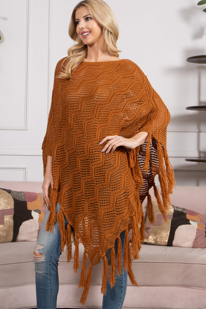 KNITTED NET WAVE PATTERN FRINGE TASSEL PONCHO