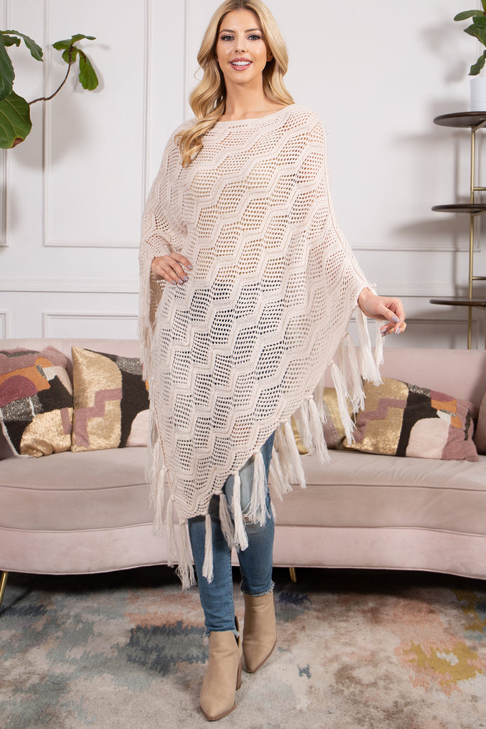 KNITTED NET WAVE PATTERN FRINGE TASSEL PONCHO