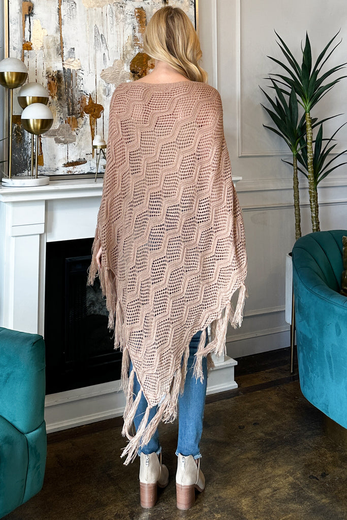 KNITTED NET WAVE PATTERN FRINGE TASSEL PONCHO