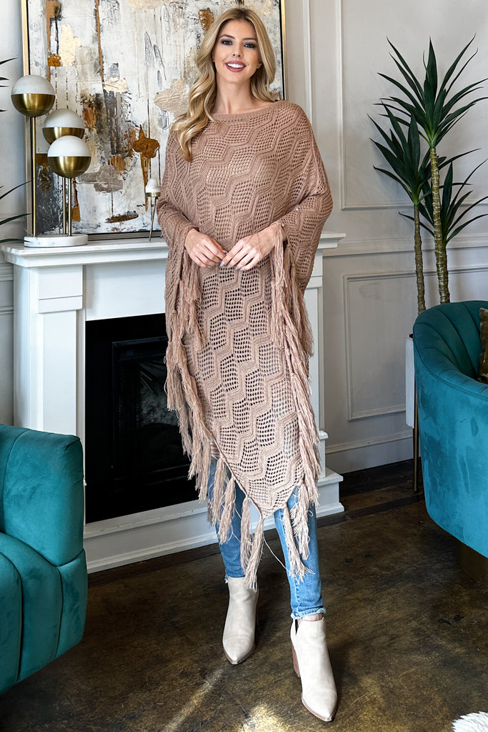 KNITTED NET WAVE PATTERN FRINGE TASSEL PONCHO