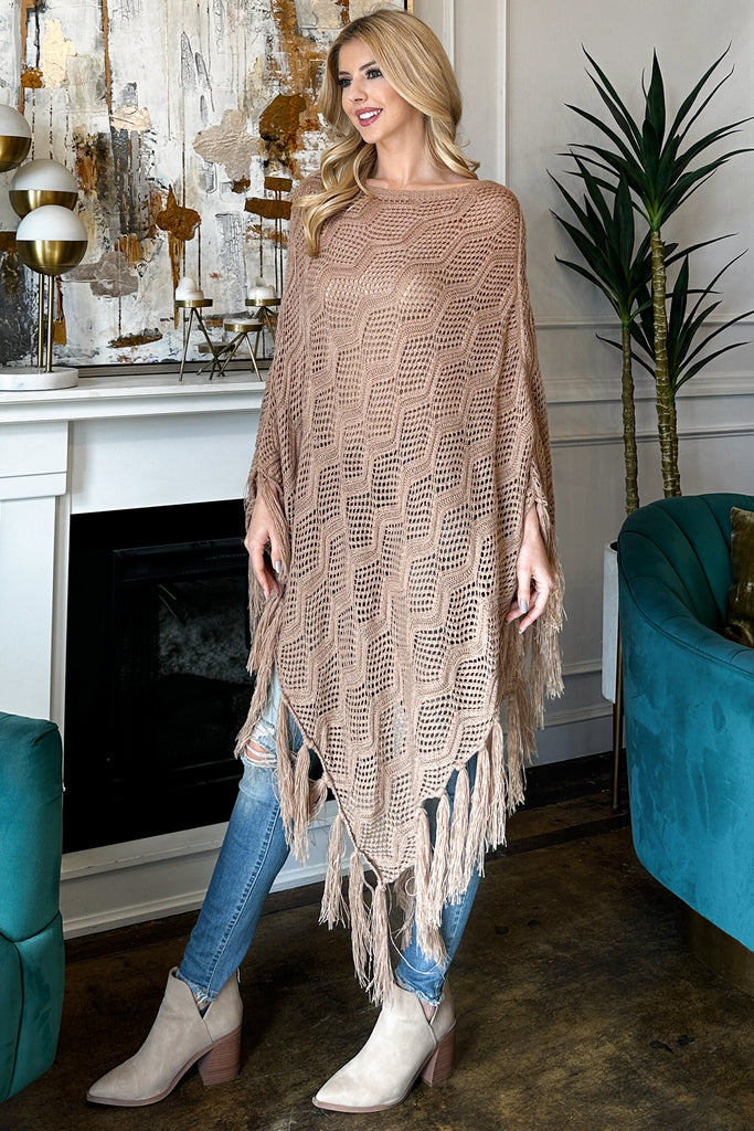 KNITTED NET WAVE PATTERN FRINGE TASSEL PONCHO