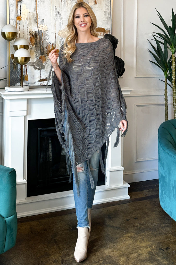 KNITTED NET WAVE PATTERN FRINGE TASSEL PONCHO