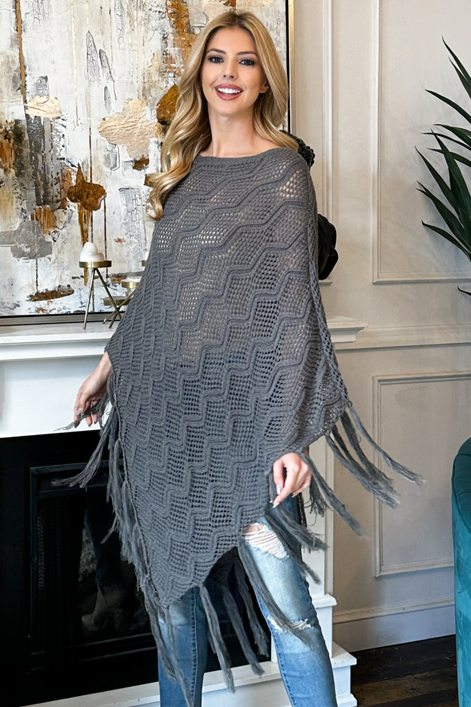 KNITTED NET WAVE PATTERN FRINGE TASSEL PONCHO