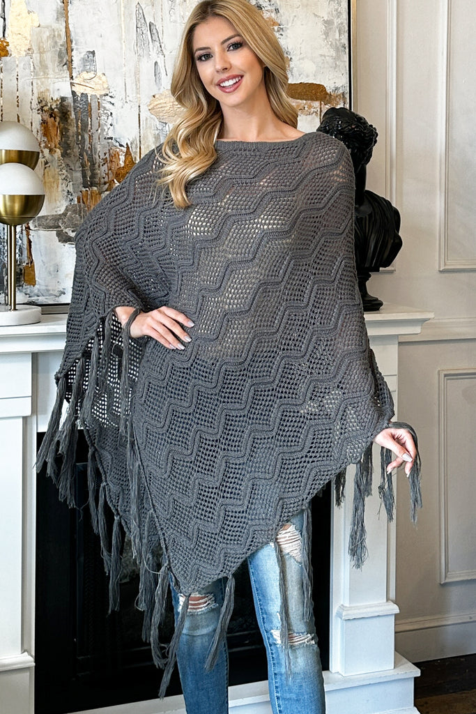 KNITTED NET WAVE PATTERN FRINGE TASSEL PONCHO