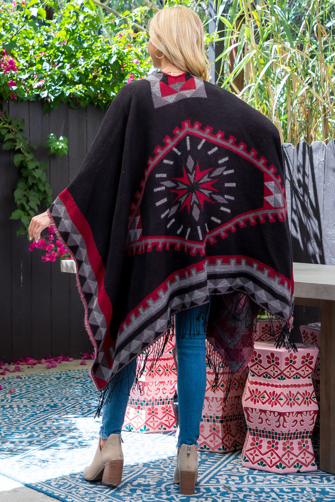 AZTEC BORDER LINE FRINGE KIMONO WRAP