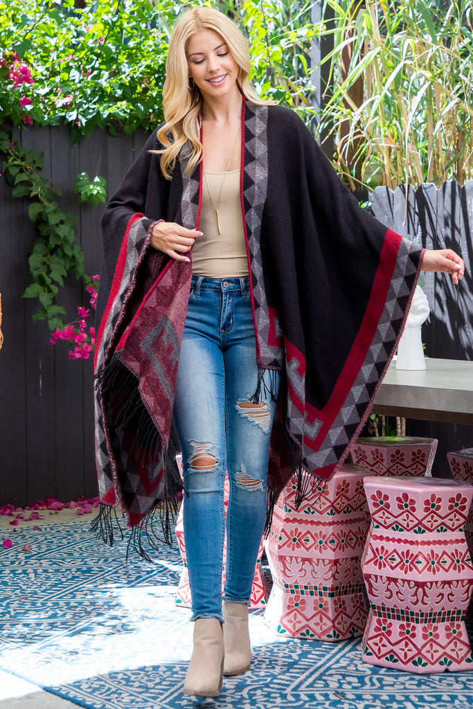 AZTEC BORDER LINE FRINGE KIMONO WRAP