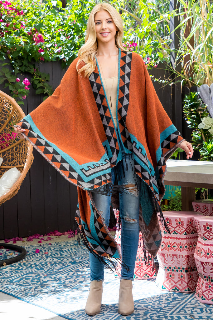 AZTEC BORDER LINE FRINGE KIMONO WRAP