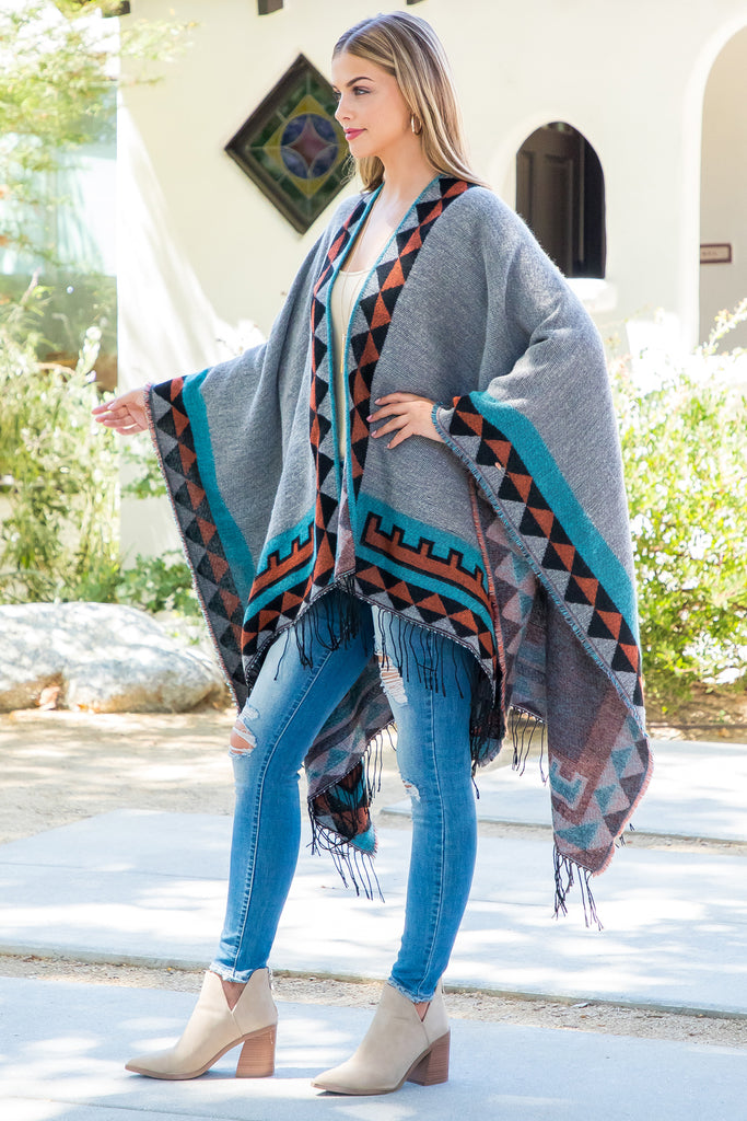 AZTEC BORDER LINE FRINGE KIMONO WRAP