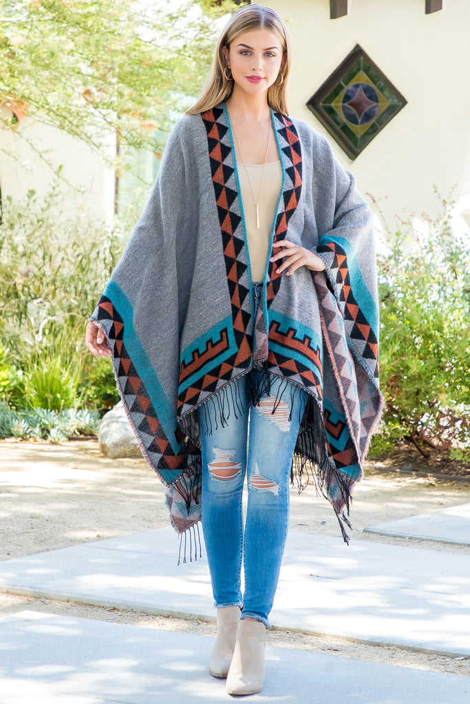 AZTEC BORDER LINE FRINGE KIMONO WRAP