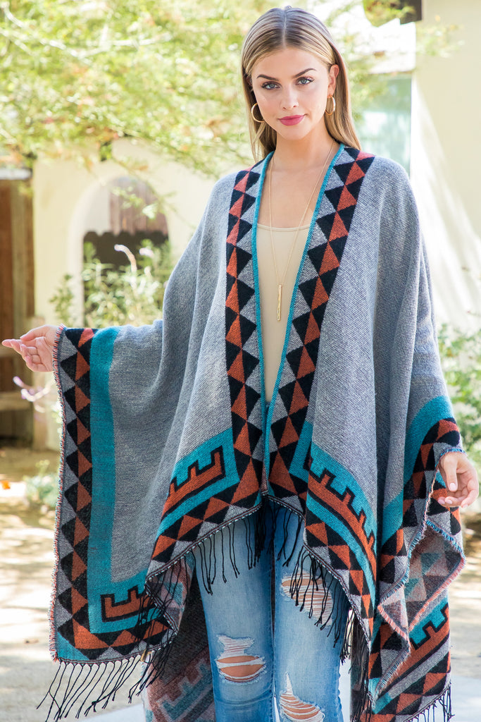 AZTEC BORDER LINE FRINGE KIMONO WRAP