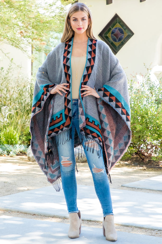 AZTEC BORDER LINE FRINGE KIMONO WRAP