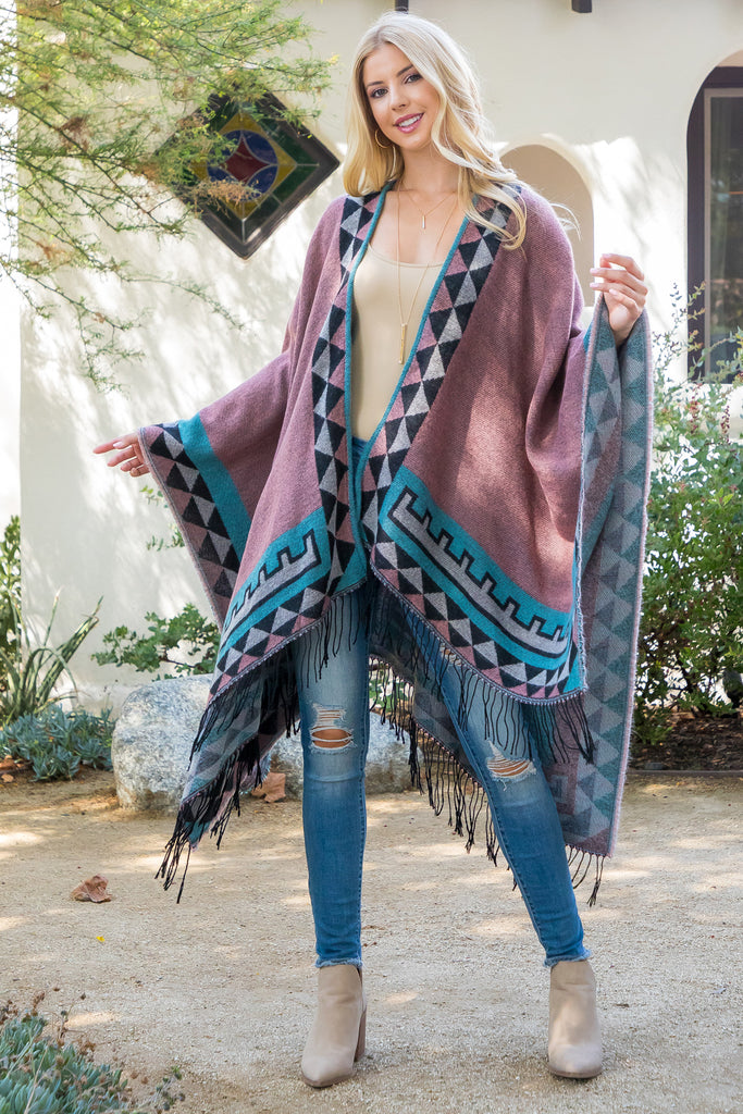 AZTEC BORDER LINE FRINGE KIMONO WRAP