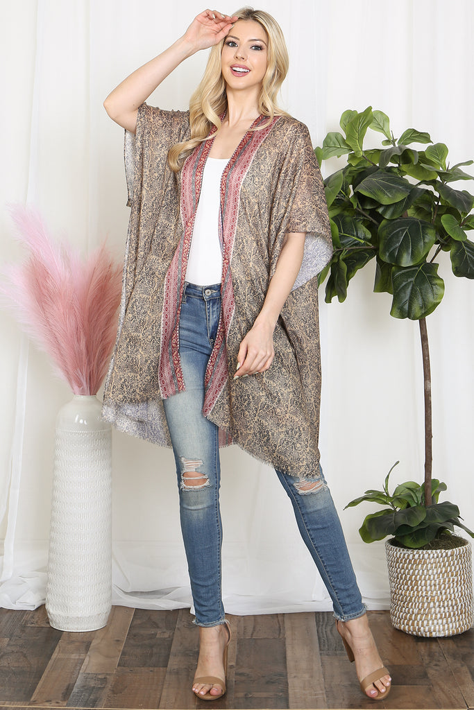 LEAF PRINT INLINE BOHO OPEN FRONT KIMONO