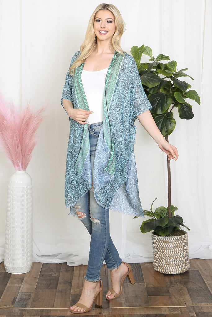 LEAF PRINT INLINE BOHO OPEN FRONT KIMONO