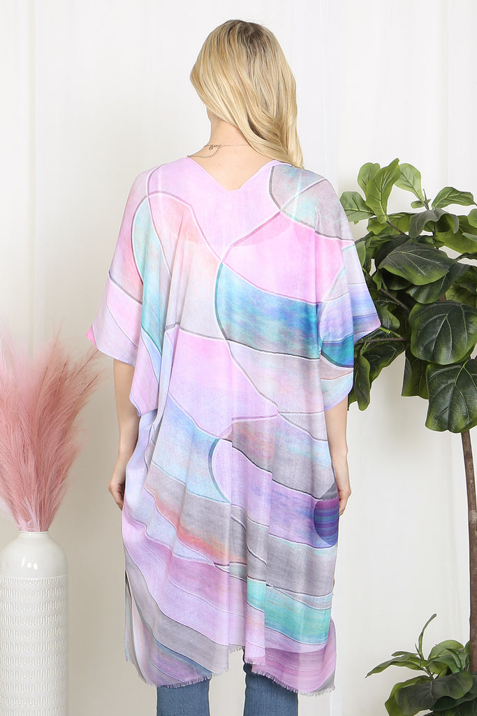 MULTICOLOR ABSTRACT PRINT TASSEL OPEN FRONT KIMONO