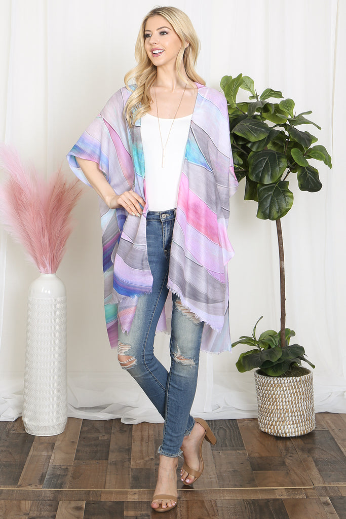 MULTICOLOR ABSTRACT PRINT TASSEL OPEN FRONT KIMONO