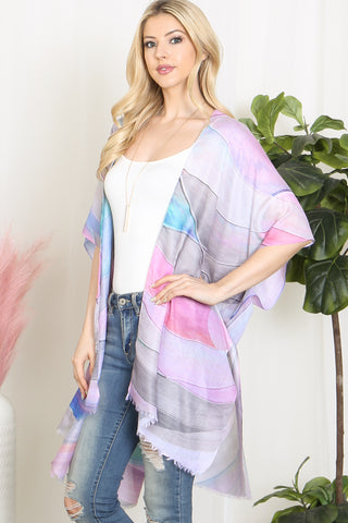 STRIPES PRINT FRINGE OPEN FRONT KIMONO