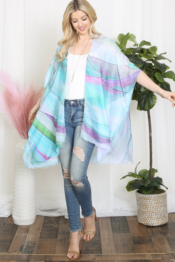 MULTICOLOR ABSTRACT PRINT TASSEL OPEN FRONT KIMONO