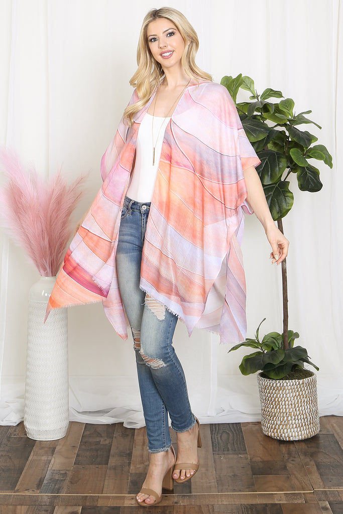 MULTICOLOR ABSTRACT PRINT TASSEL OPEN FRONT KIMONO