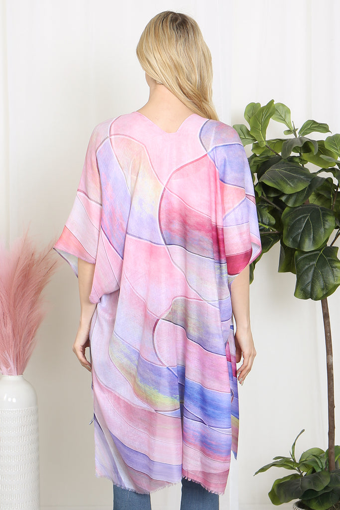 MULTICOLOR ABSTRACT PRINT TASSEL OPEN FRONT KIMONO