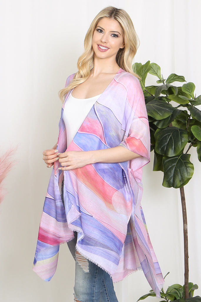 MULTICOLOR ABSTRACT PRINT TASSEL OPEN FRONT KIMONO