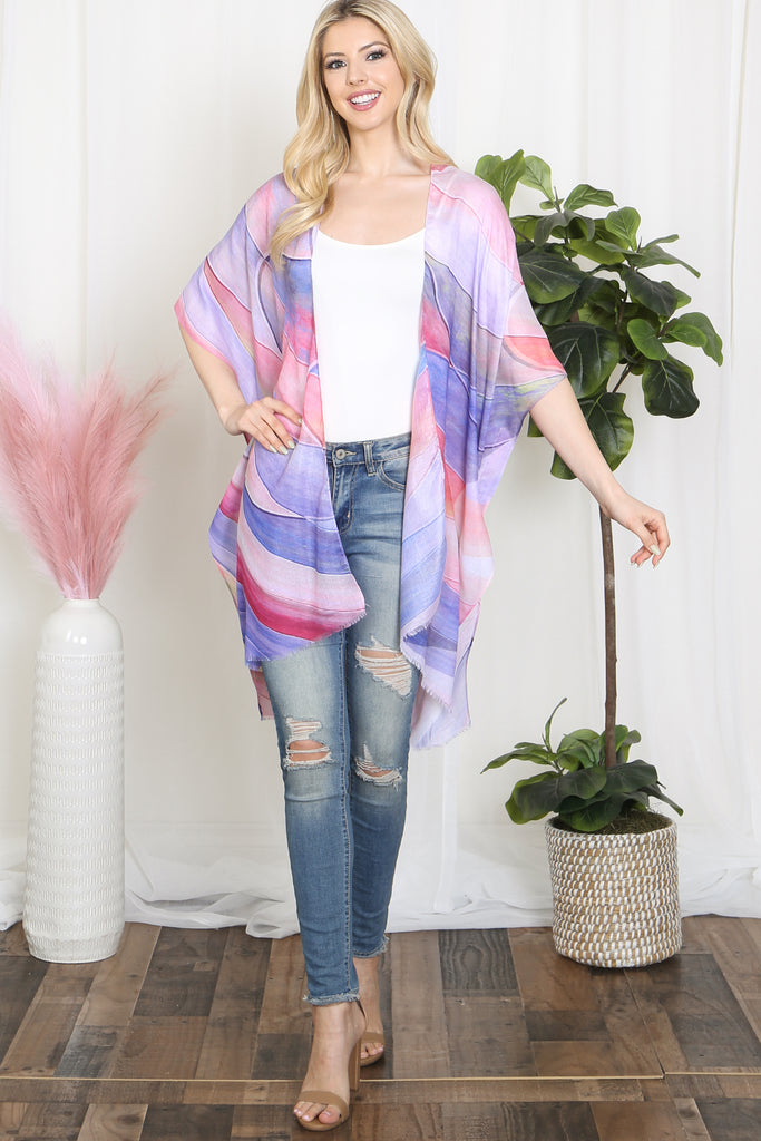 MULTICOLOR ABSTRACT PRINT TASSEL OPEN FRONT KIMONO