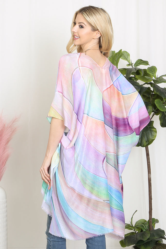 MULTICOLOR ABSTRACT PRINT TASSEL OPEN FRONT KIMONO