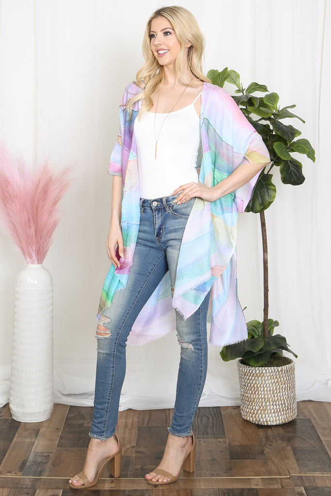 MULTICOLOR ABSTRACT PRINT TASSEL OPEN FRONT KIMONO