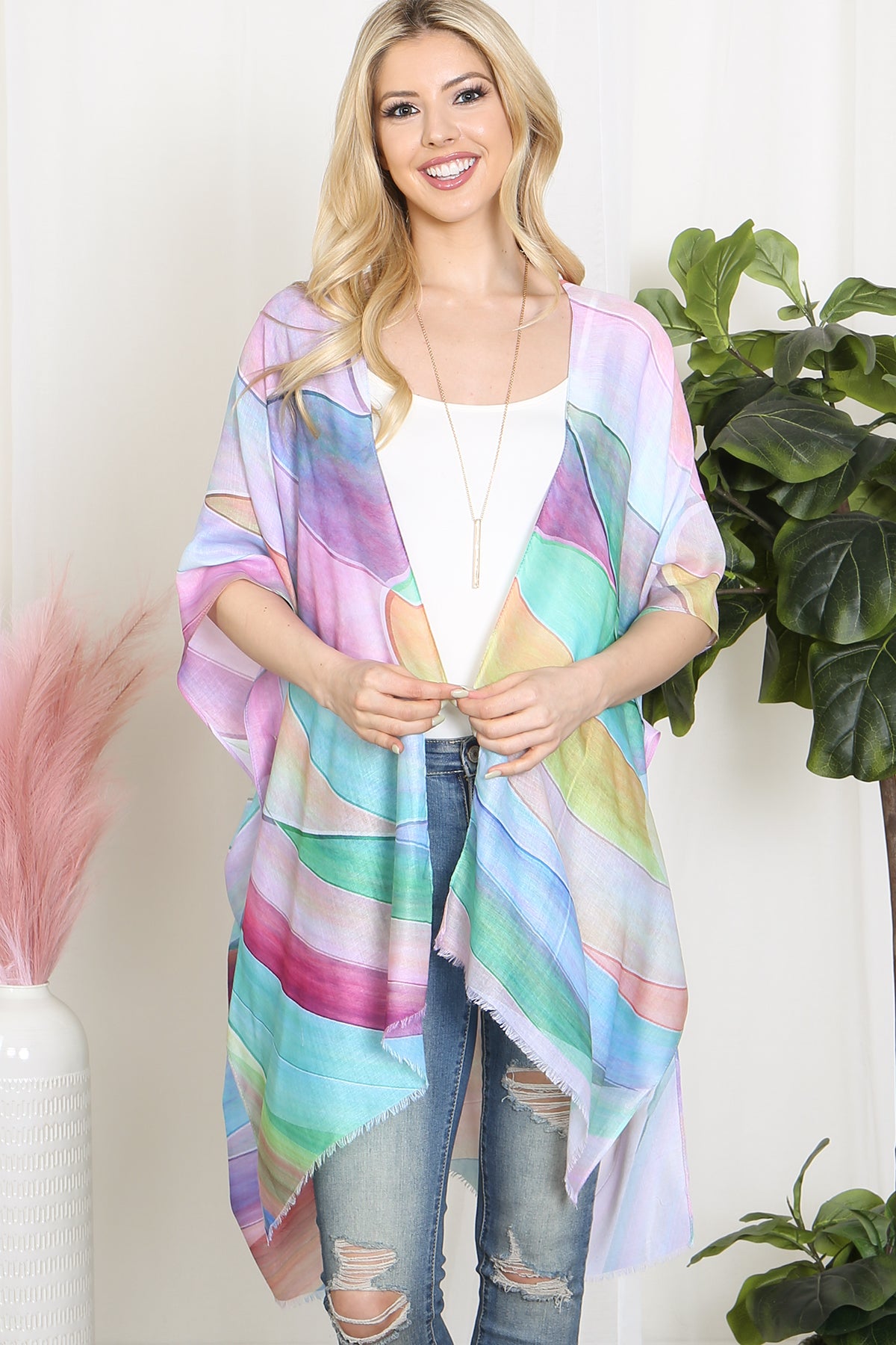 MULTICOLOR ABSTRACT PRINT TASSEL OPEN FRONT KIMONO Riah Fashion