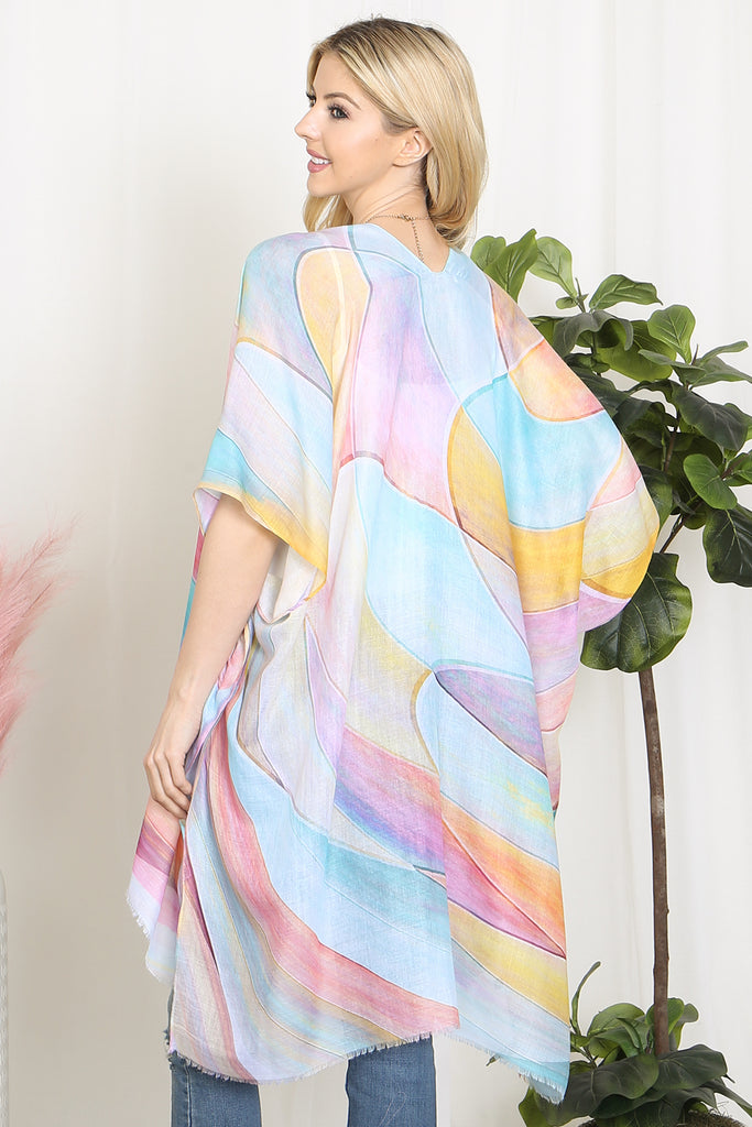 MULTICOLOR ABSTRACT PRINT TASSEL OPEN FRONT KIMONO