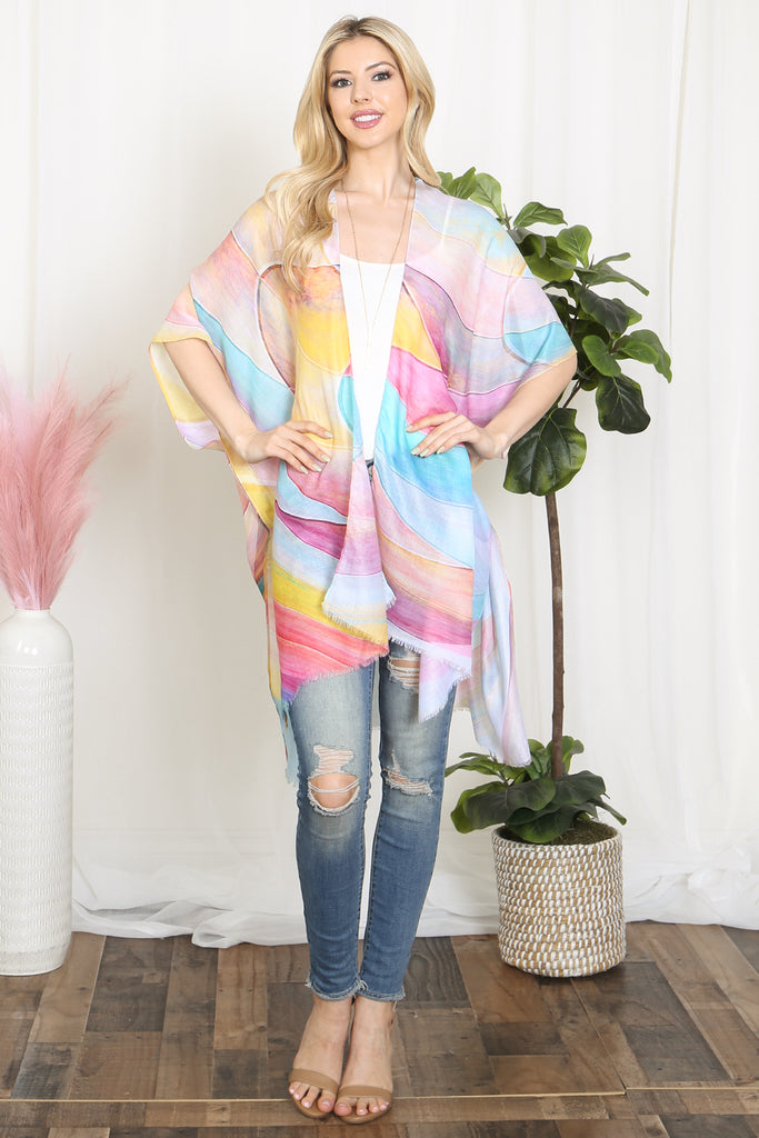 MULTICOLOR ABSTRACT PRINT TASSEL OPEN FRONT KIMONO