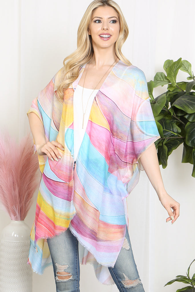 MULTICOLOR ABSTRACT PRINT TASSEL OPEN FRONT KIMONO