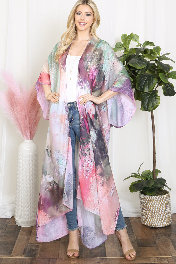 TIE DYE ABSTRACT PRINT LONG KIMONO