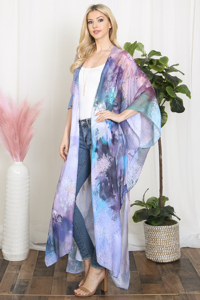 TIE DYE ABSTRACT PRINT LONG KIMONO