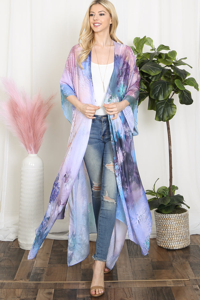 TIE DYE ABSTRACT PRINT LONG KIMONO